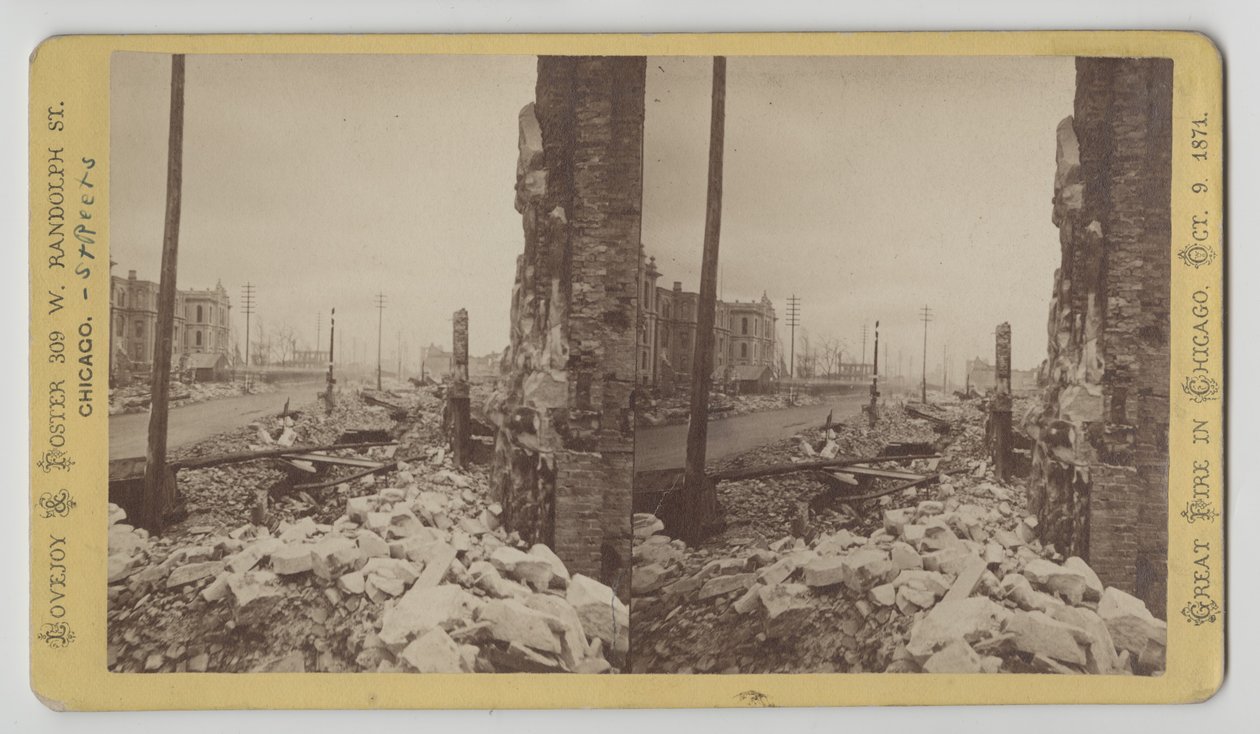 A Washington Street sztereográfja a LaSalle Street sarkáról, keletre nézve az 1871-es, 1871-es chicagói tűzvész után (bw fotó a kártyatartón) alkotó: George N. Barnard