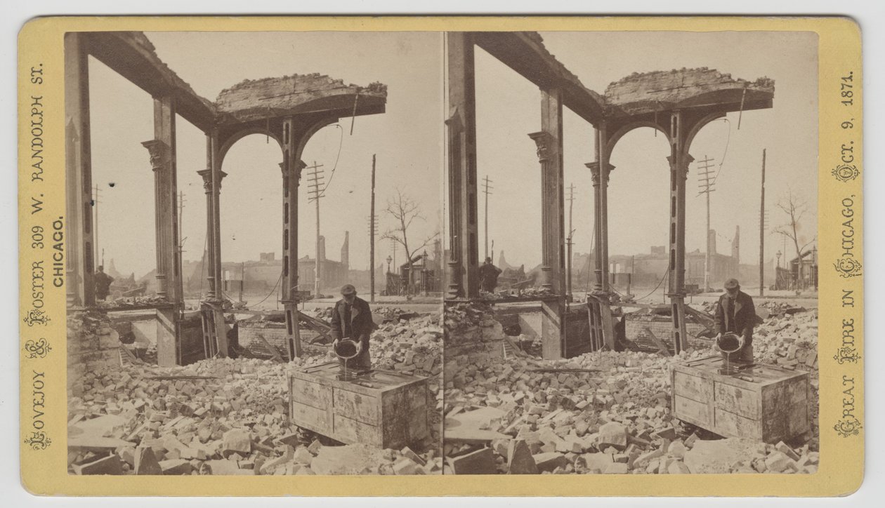 Sztereográfia egy férfiról, aki széfet hűt a romok között az 1871-es, 1871-es chicagói tűzvész után (bw fotó a kártyatartón) alkotó: George N. Barnard