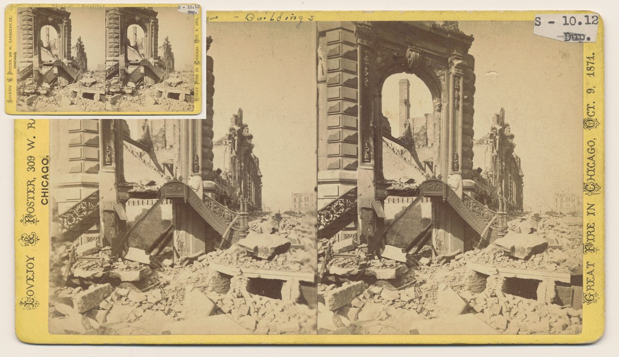 A Bryan blokk sztereográfiája a Monroe és a LaSalle Streets északnyugati sarkán az 1871-es, 1871-es chicagói tűzvész után (bw fotó a kártyatartón) alkotó: George N. Barnard