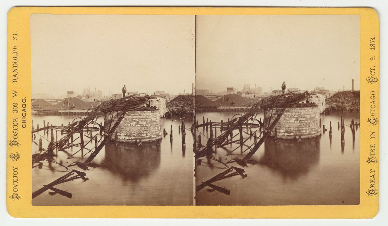 A Van Buren Street híd sztereográfiája az 1871-es, 1871-es chicagói tűzvész után (bw fotó a kártyatartón) alkotó: George N. Barnard
