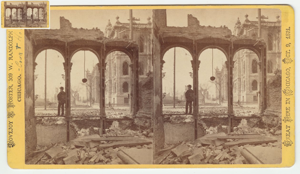A bíróság sztereográfja a Clark Street keleti oldalának romjain keresztül az 1871-es, 1871-es chicagói tűzvész után (bw fotó a kártyatartón) alkotó: George N. Barnard