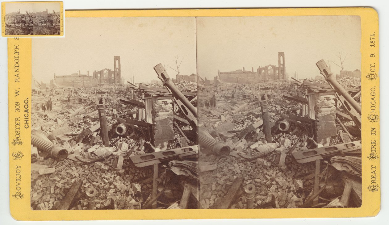 A Field & Leiter Mammoth Store romjainak sztereográfja az 1871-es, 1871-es chicagói tűzvész után (bw fotó a kártyatartón) alkotó: George N. Barnard