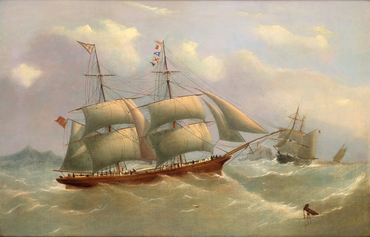 A Whitehaveni Ellen Ashcroft csökkentett vitorlázat alatt, két pozícióban egy sziklás hegyfok előtt, 1868 körül (olaj, vászon) alkotó: George Nelson