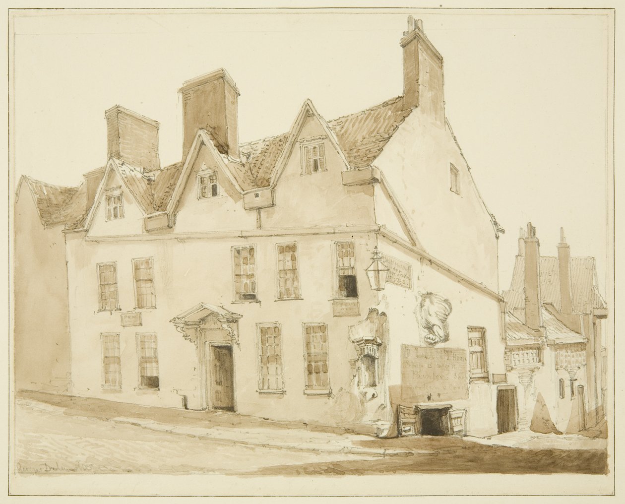 Corner of Pipe Lane és a Frogmore Street (ceruza és akvarell papíron) alkotó: George Orleans Delamotte