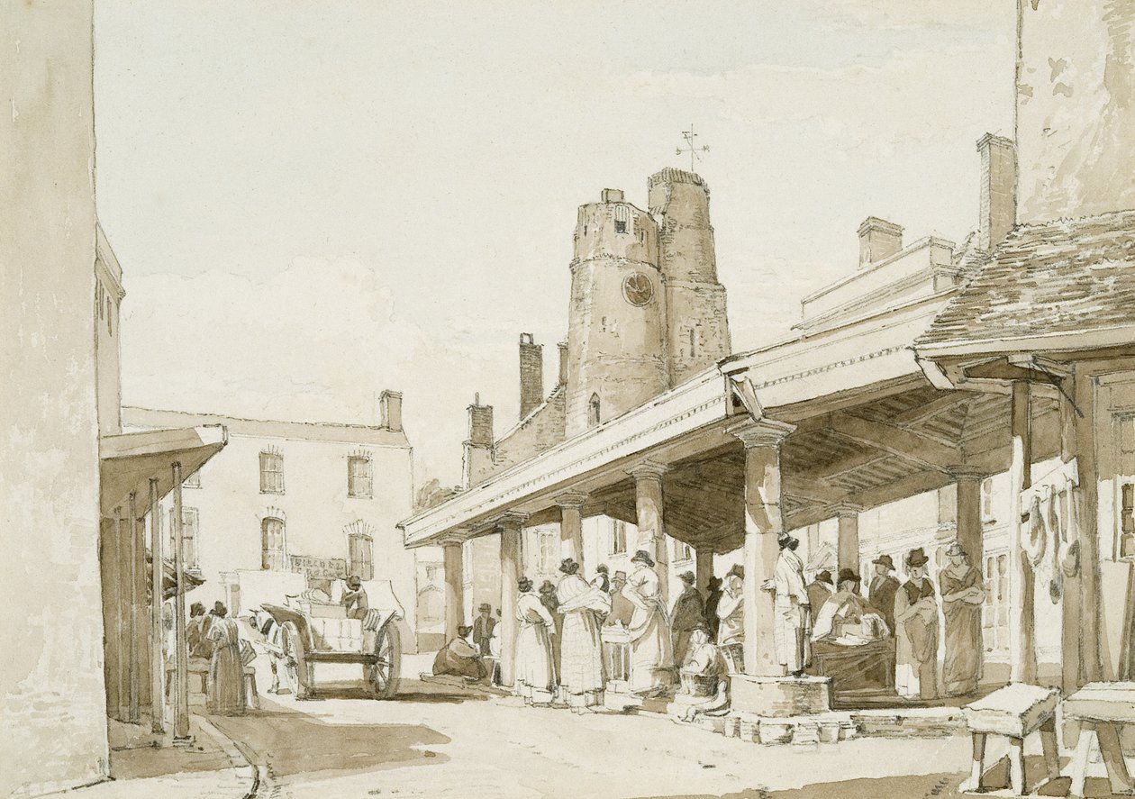 Old Market Place, Swansea (szepia mosás és ceruza, papír) alkotó: George Orleans Delamotte