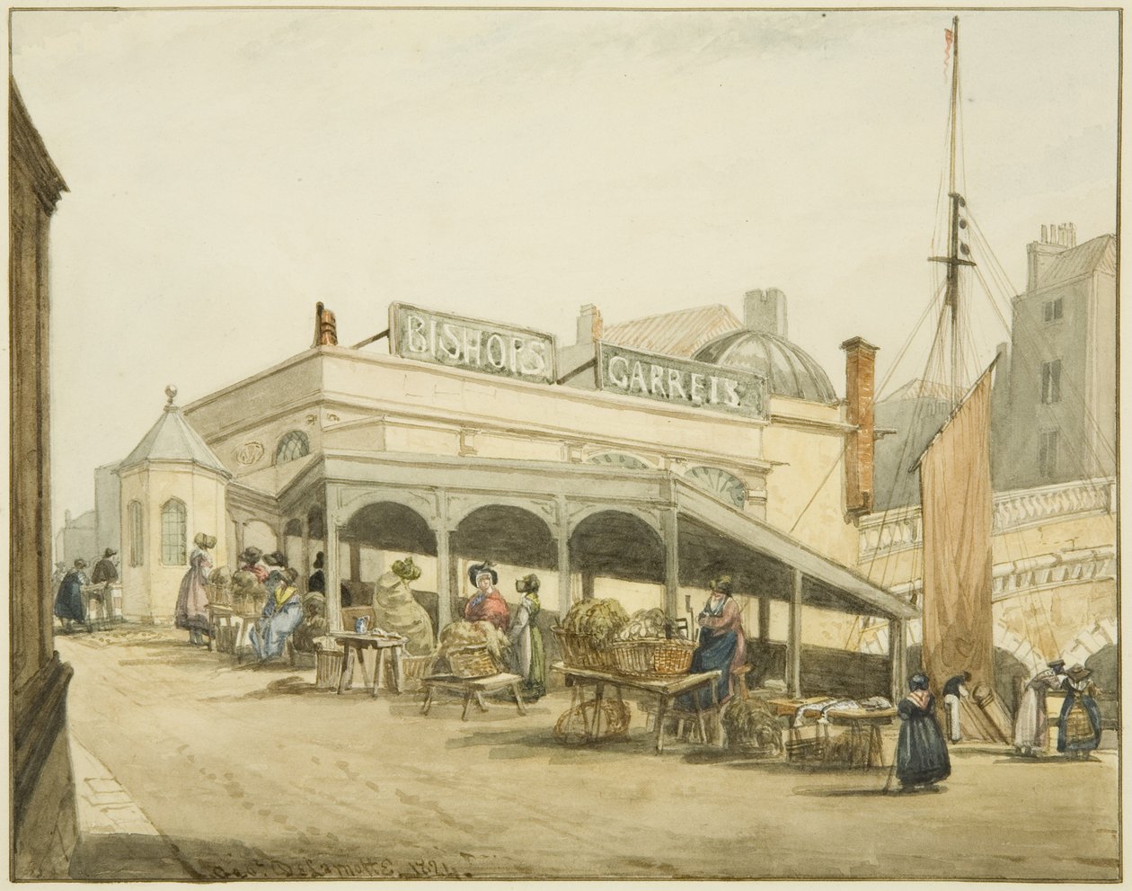 Az Oyster női fészer a Bristol Bridge-nél (ceruza és akvarell papíron) alkotó: George Orleans Delamotte