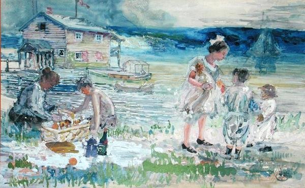 Piknik a tengerparton (akvarell papíron) alkotó: George Overbury Hart