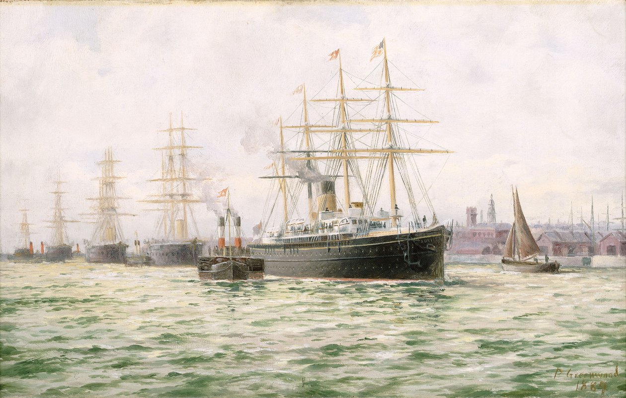 A White Star Line gőzhajója, az "Adriatic" elhagyja Liverpoolt, 19. század vége (olajfestmény) alkotó: George Parker Greenwood