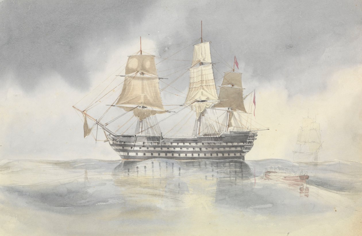 A "Britannia" szélcsendben kikötött egy hajó fogadására, valószínűleg a Karthágó-fok közelében, Dundas ellentengernagy zászlaja alatt, 1852. április 27. alkotó: George Pechell Mends