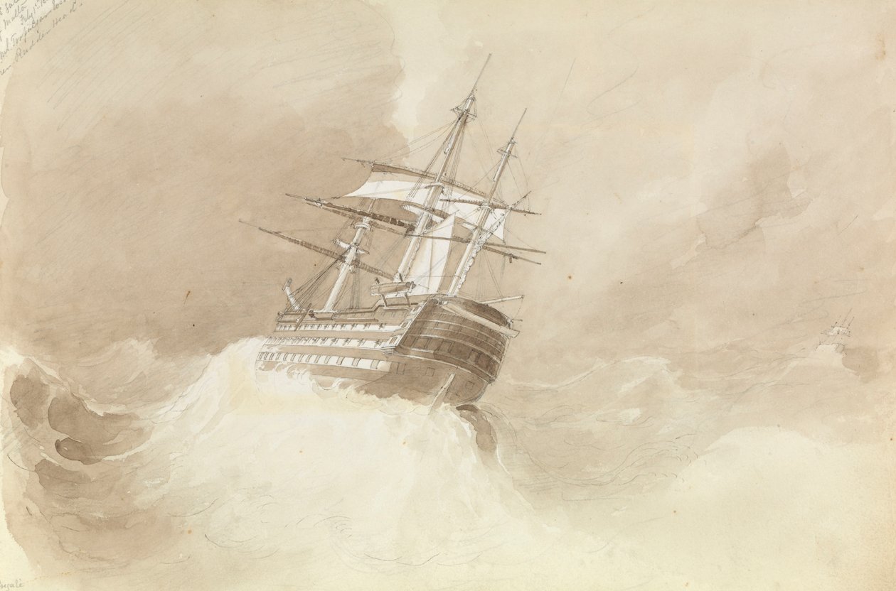 A HMS "Trafalgar" elvesztette kormánylapátját egy északkeleti szélviharban Málta előtt. alkotó: George Pechell Mends