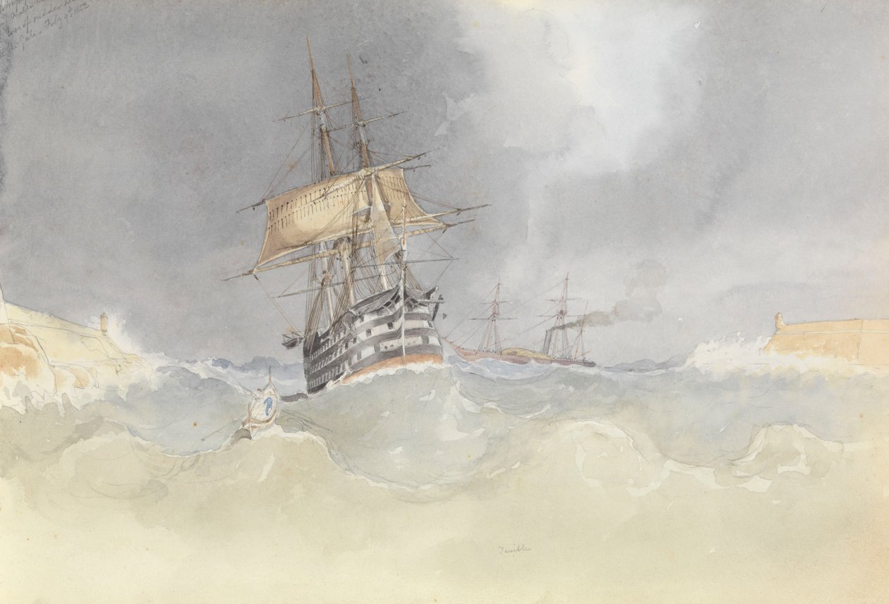 A HMS "Trafalgar" behajózik Málta kikötőjébe, kormánylapátjának elvesztésével egy vihar után, 1852. február 9. alkotó: George Pechell Mends