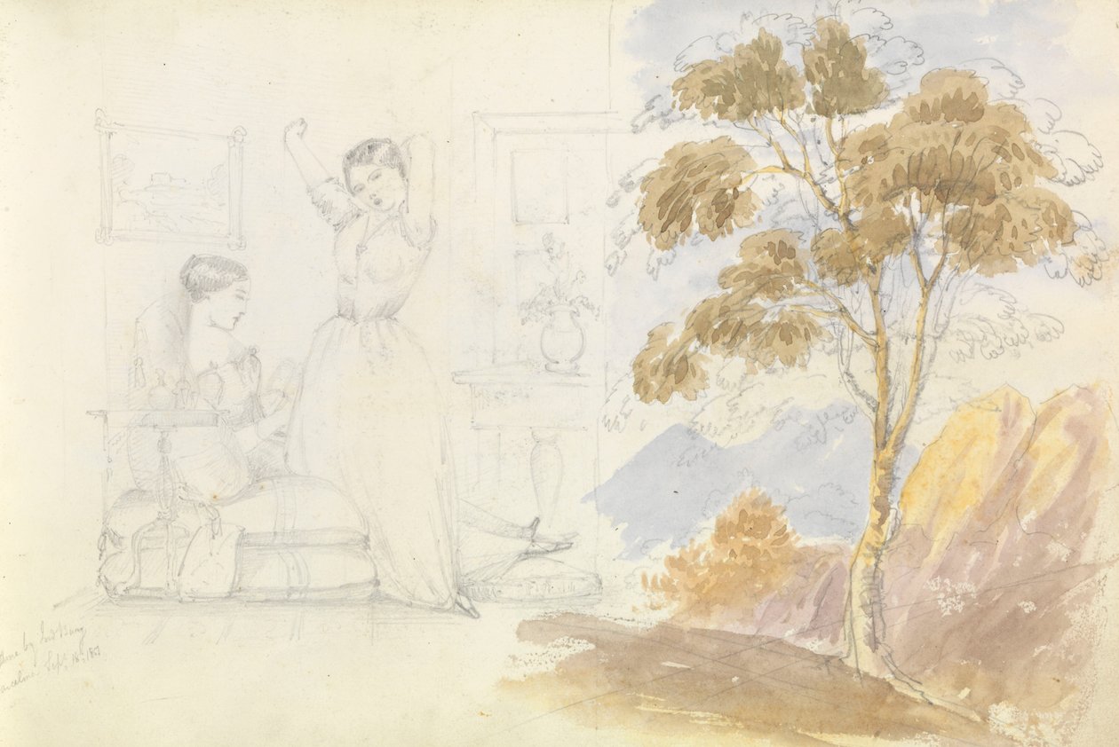 Két fiatal nő vázlata, az egyik ül és olvas, a másik nyújtózkodik és ásít (Lord Bury rajzolta), mellette egy fa rajza. alkotó: George Pechell Mends
