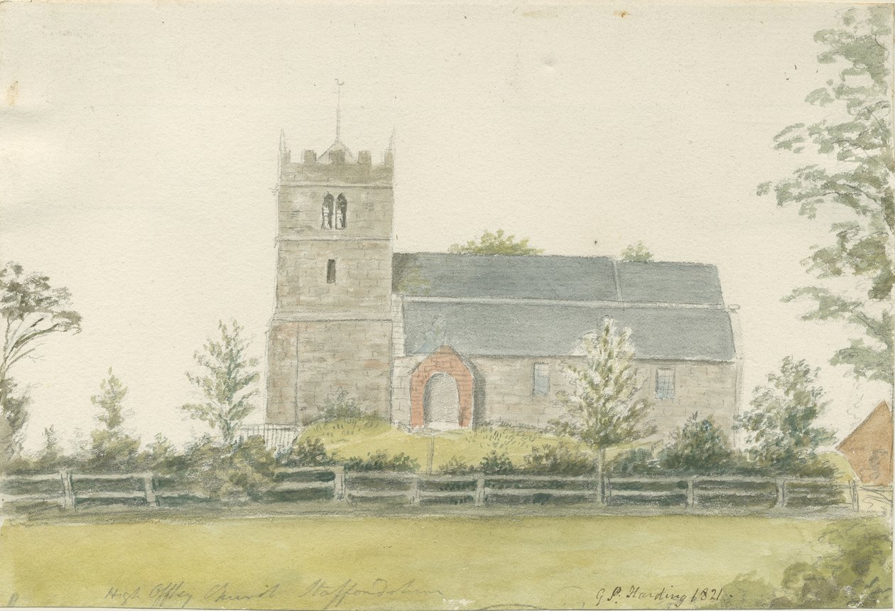 High Offley templom: vízfestmény, 1821 alkotó: George Perfect Harding
