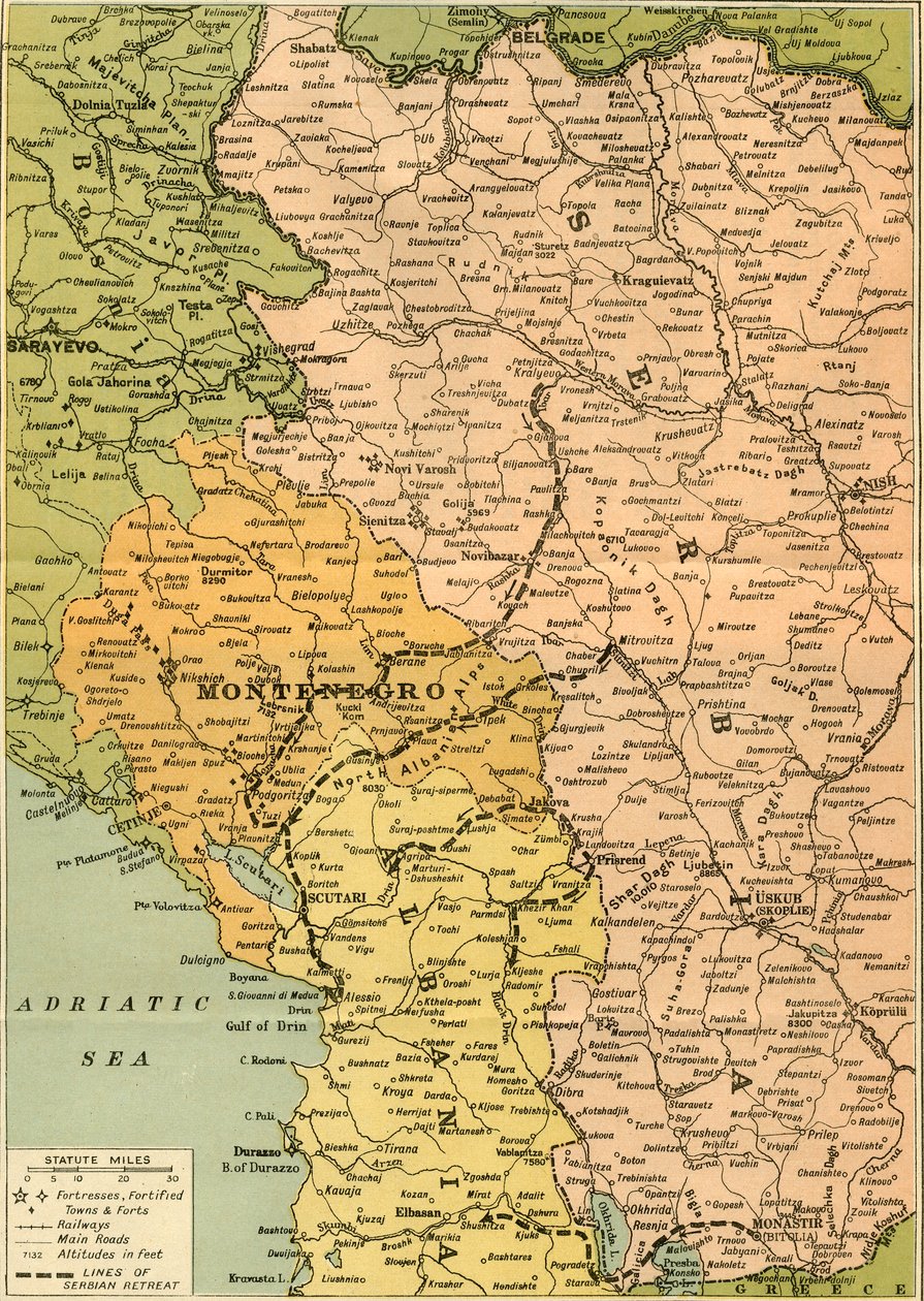Térkép a szerb visszavonulás szemléltetésére, 1919. alkotó: George Philip and Son Ltd