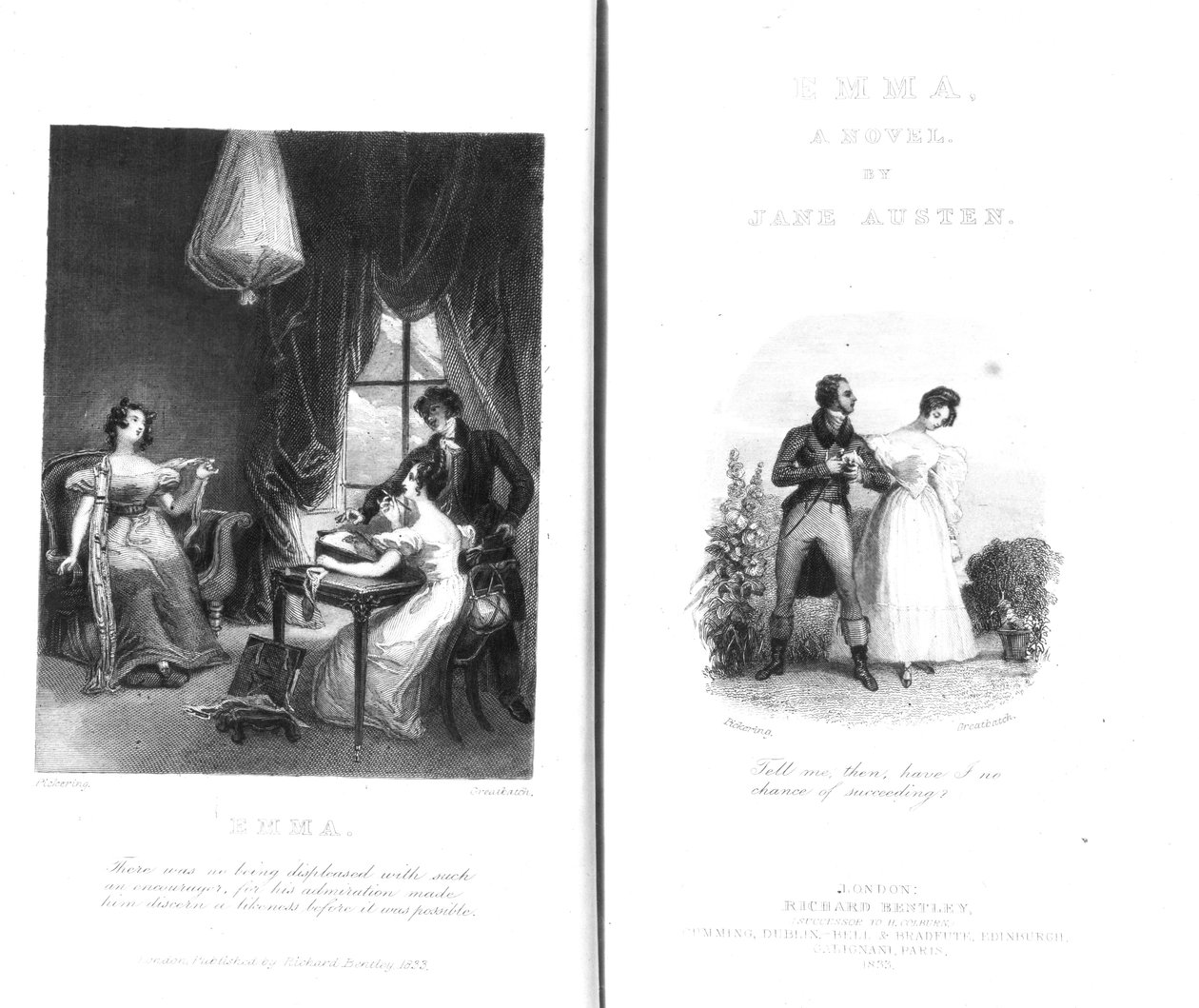 Jane Austen „Emma” című művének előlapja és címlapja, William Greatbach metszete, 1833-ban megjelent kiadás alkotó: George Pickering