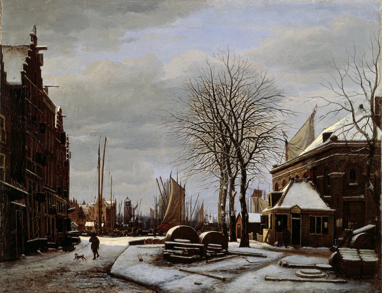 Slijpsteenmarkt (Whetstone Market) Amszterdamban a „Het Zeerecht” épülettel télen (A Slypsteenen Amszterdamban) alkotó: George Pieter Westenberg