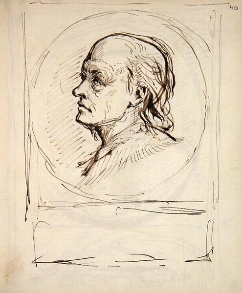 William Blake portréja, egy jegyzetfüzetből, amelyet a művész vázlatokhoz és jegyzetekhez használt (tintával papíron) alkotó: George Richmond