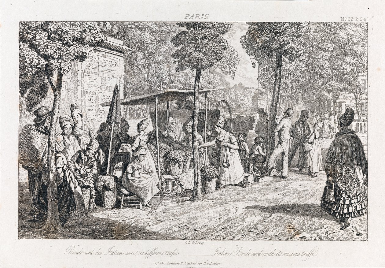 Boulevard Des Italiens, 1821 körül (rézkarc) alkotó: George Robert Lewis