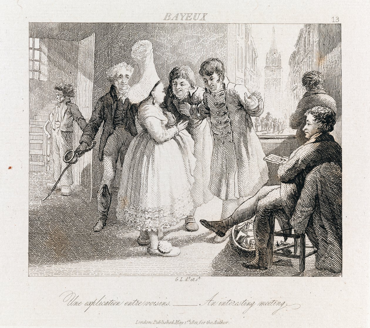 Érdekes találkozás - Bayeux, 1821 körül (rézkarc) alkotó: George Robert Lewis