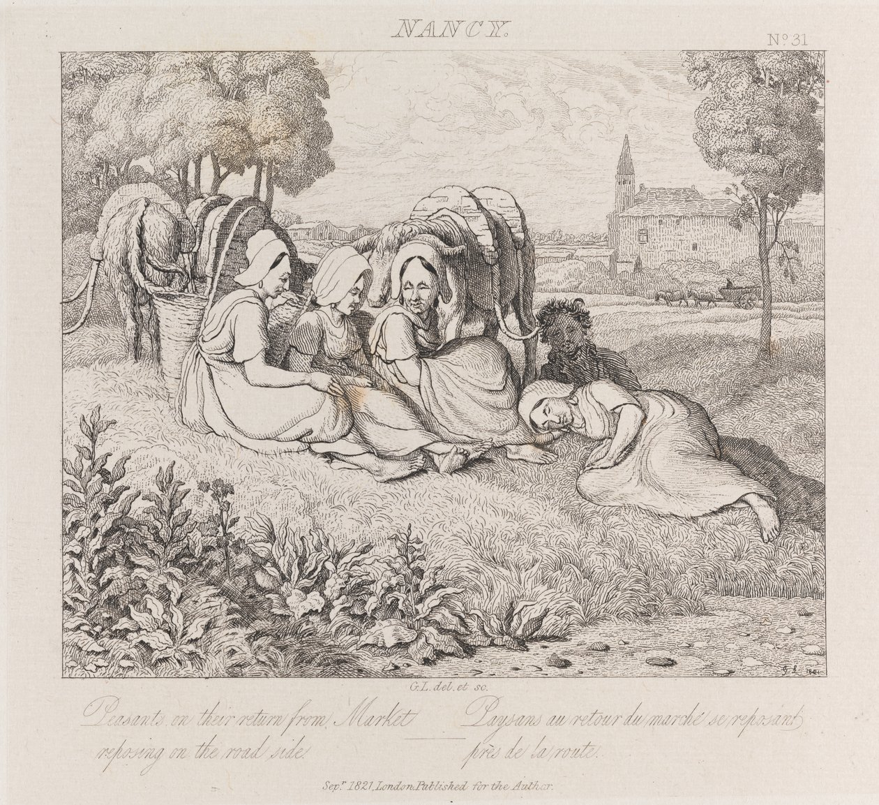 Parasztok visszatérnek a piacról, Nancy, 1821 körül (rézkarc) alkotó: George Robert Lewis