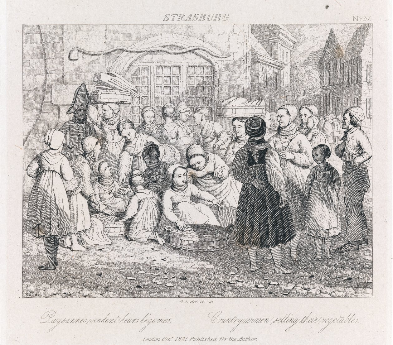 Parasztárusítás, Strasburg, 1821 körül (rézkarc) alkotó: George Robert Lewis