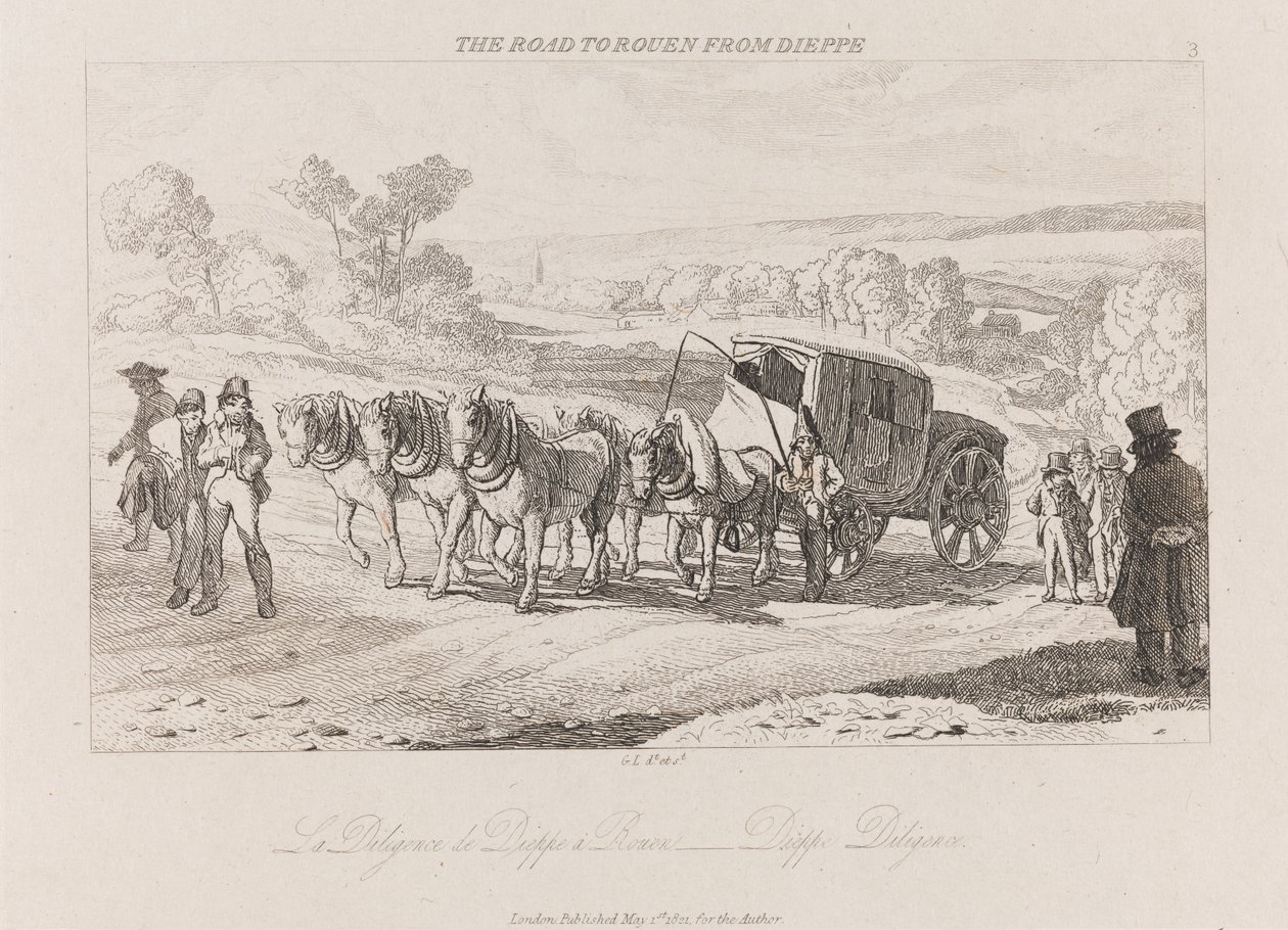 Út Rouenbe Dieppe-ből, Diligence, kb. 1821 (rézkarc) alkotó: George Robert Lewis