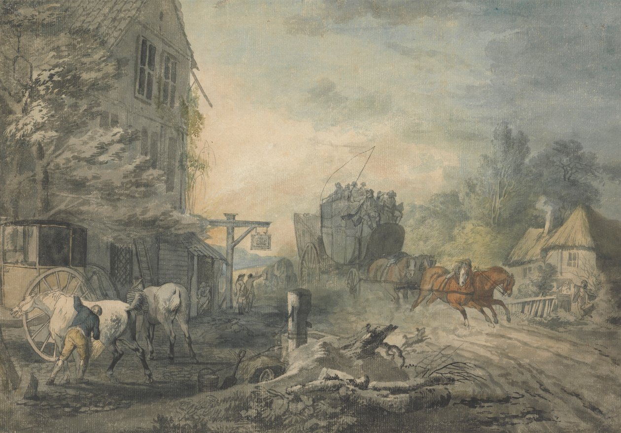 Egy Stagecoach és négyen rohannak át egy falun a Bath-London úton alkotó: George Robertson