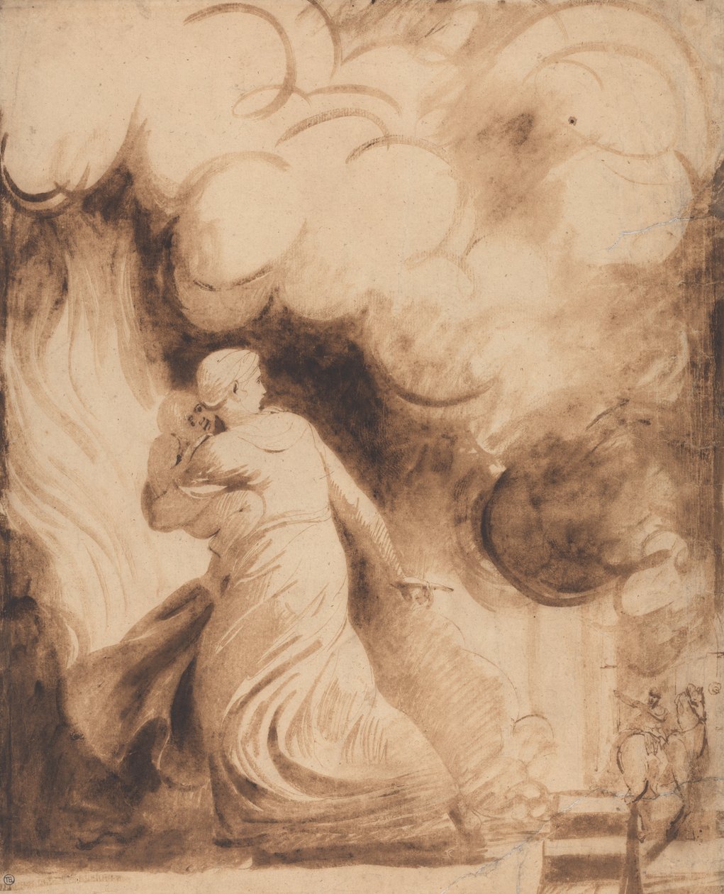 Egy anya gyermekével a karjaiban a lángokban álló város bástyáin repül (Lady Hamilton mint "Andromache" menekül Trója égése elől; A tűz). alkotó: George Romney
