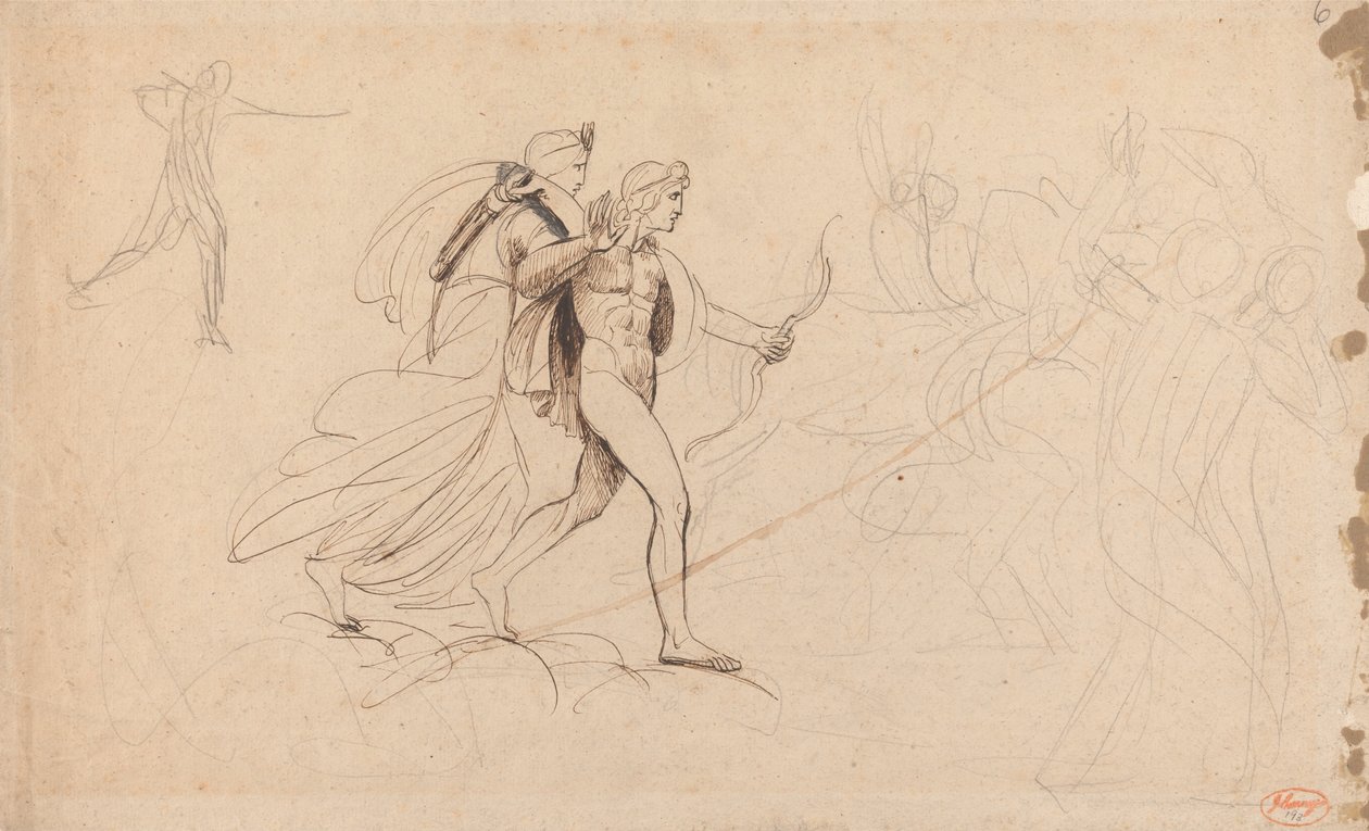 Apolló és Diana a "Niobe gyermekeinek elpusztítása" című filmhez alkotó: George Romney