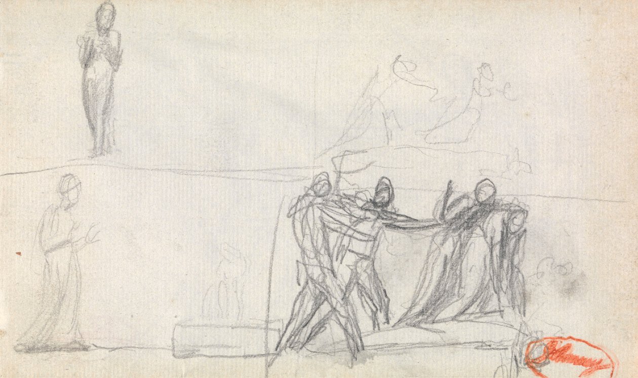 Csoportjelenet és két vázlat egy álló alakról alkotó: George Romney