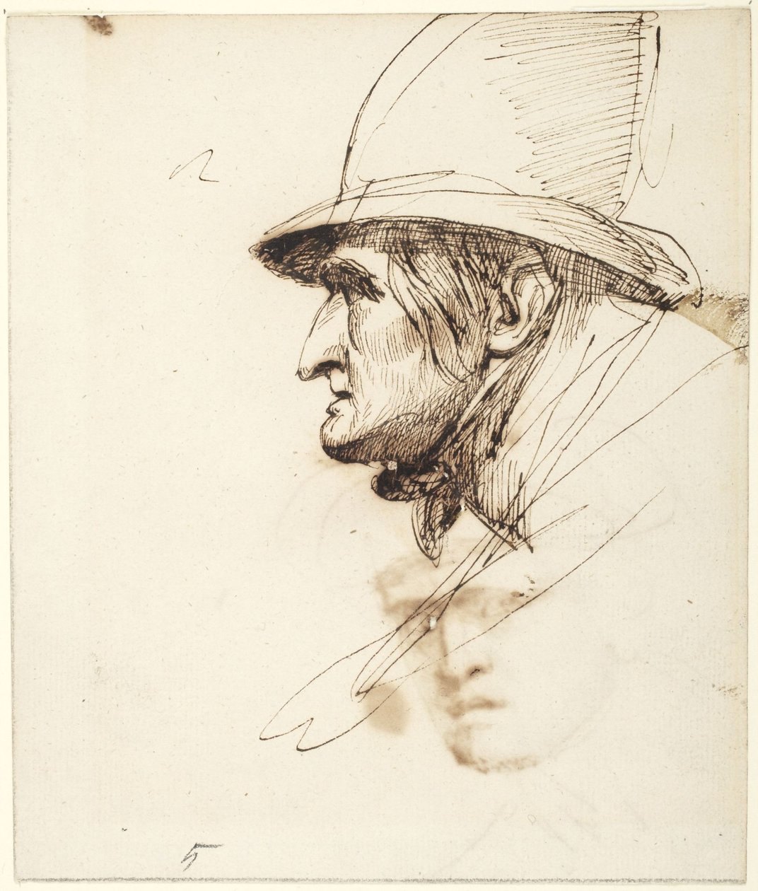 Profilból látható férfi feje, nagy kalappal a fején alkotó: George Romney