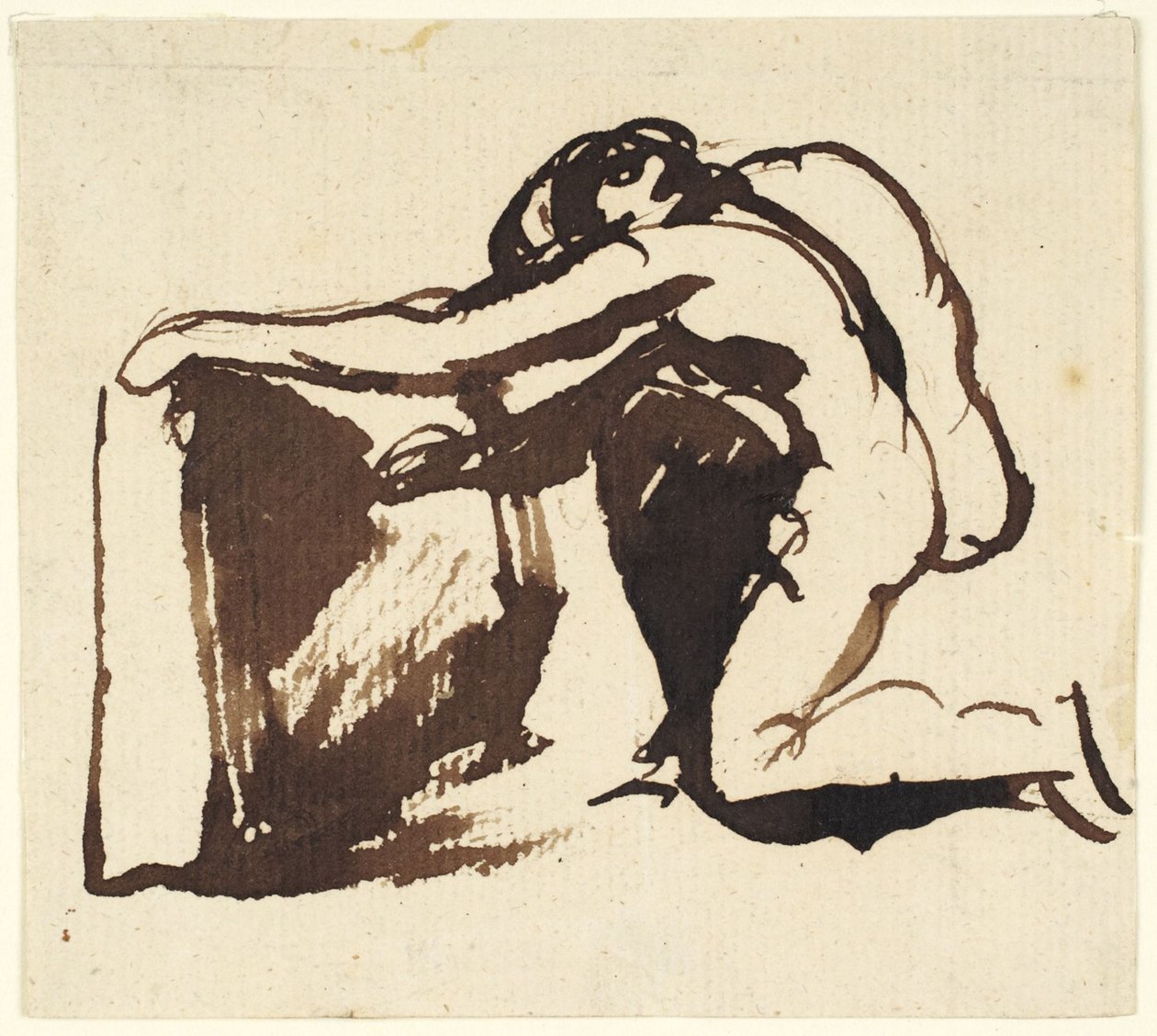 Térdelő, meztelen alak, aki egy nagy táblára ír alkotó: George Romney