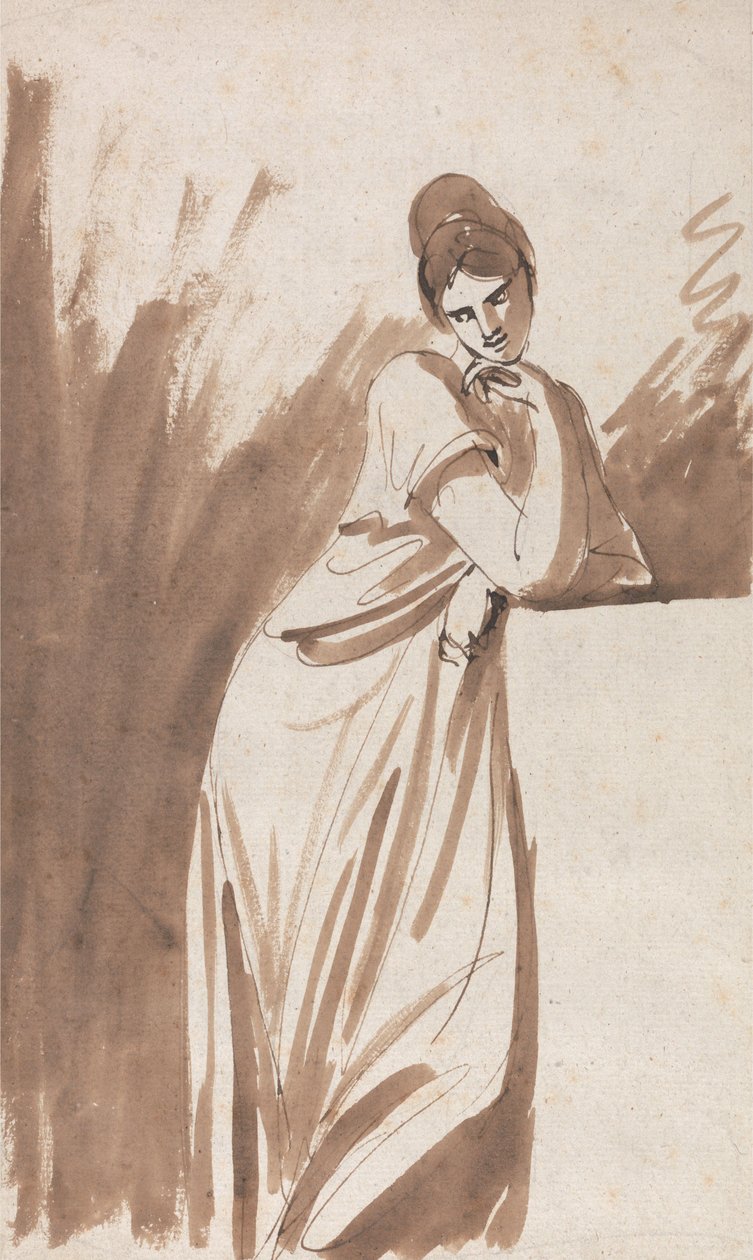 Egy talapzaton támaszkodó hölgy (valószínűleg a „Miss Woodley” című festmény vázlata) alkotó: George Romney
