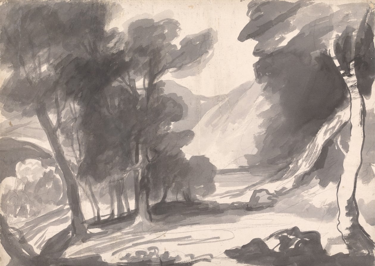 Tájkép-tanulmány: Cserjés, tó és hegyek alkotó: George Romney