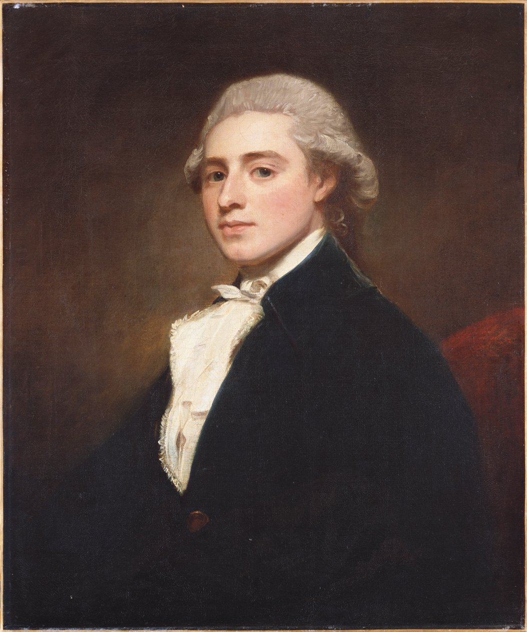 James Dashwood félhosszú portréja, kék kabátot és fehér jabotot visel alkotó: George Romney