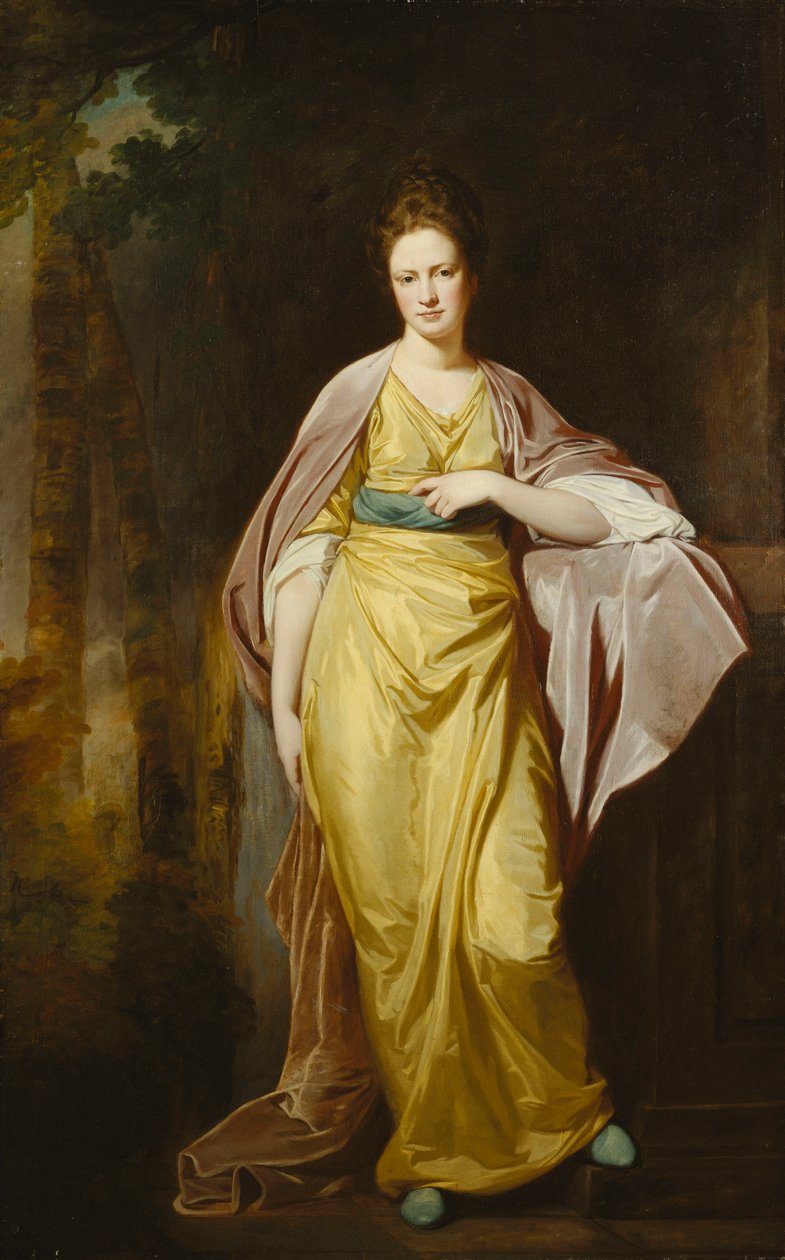 Ellen Morewood asszony portréja, teljes alakban állva, sárga ruhában, kék pántban és mályvaszínű kendőben, bal karját talapzatra támasztva, alkotó: George Romney