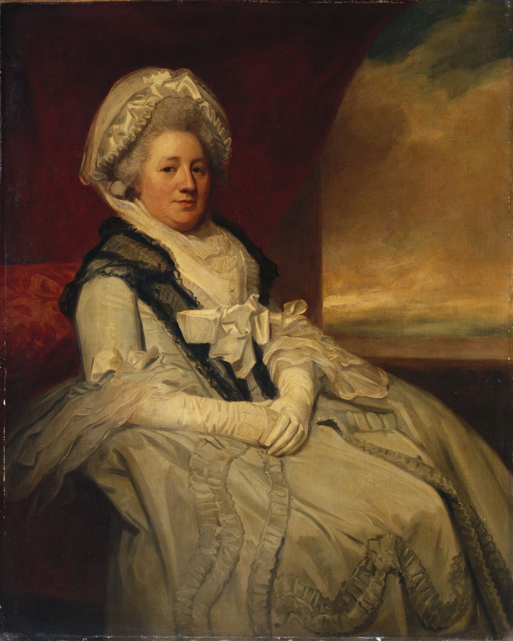 Mrs. Uppleby portréja háromnegyed hosszban ülve, fehér ruhát és motorháztetőt visel fekete kendővel alkotó: George Romney