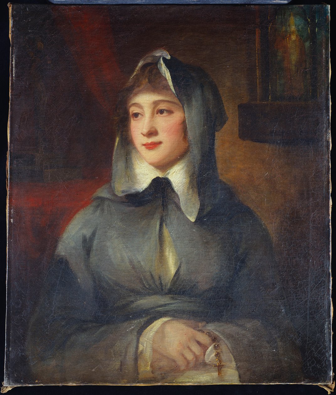 Félhosszú hölgy portréja, mint apáca, kezében rózsafüzért, egy belső szentély mellett alkotó: George Romney