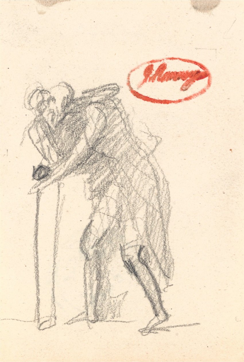 Valószínűleg egy botot tartó, meggörnyedt alak az „Öregkor” című műből alkotó: George Romney