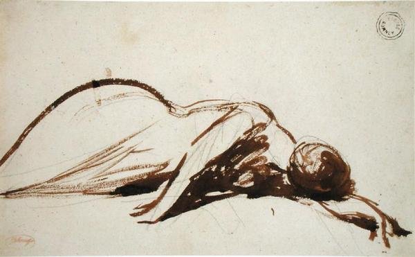 Hanyatt fekvő nő (ecsettel és barna tintával grafiton fektetett papíron) alkotó: George Romney