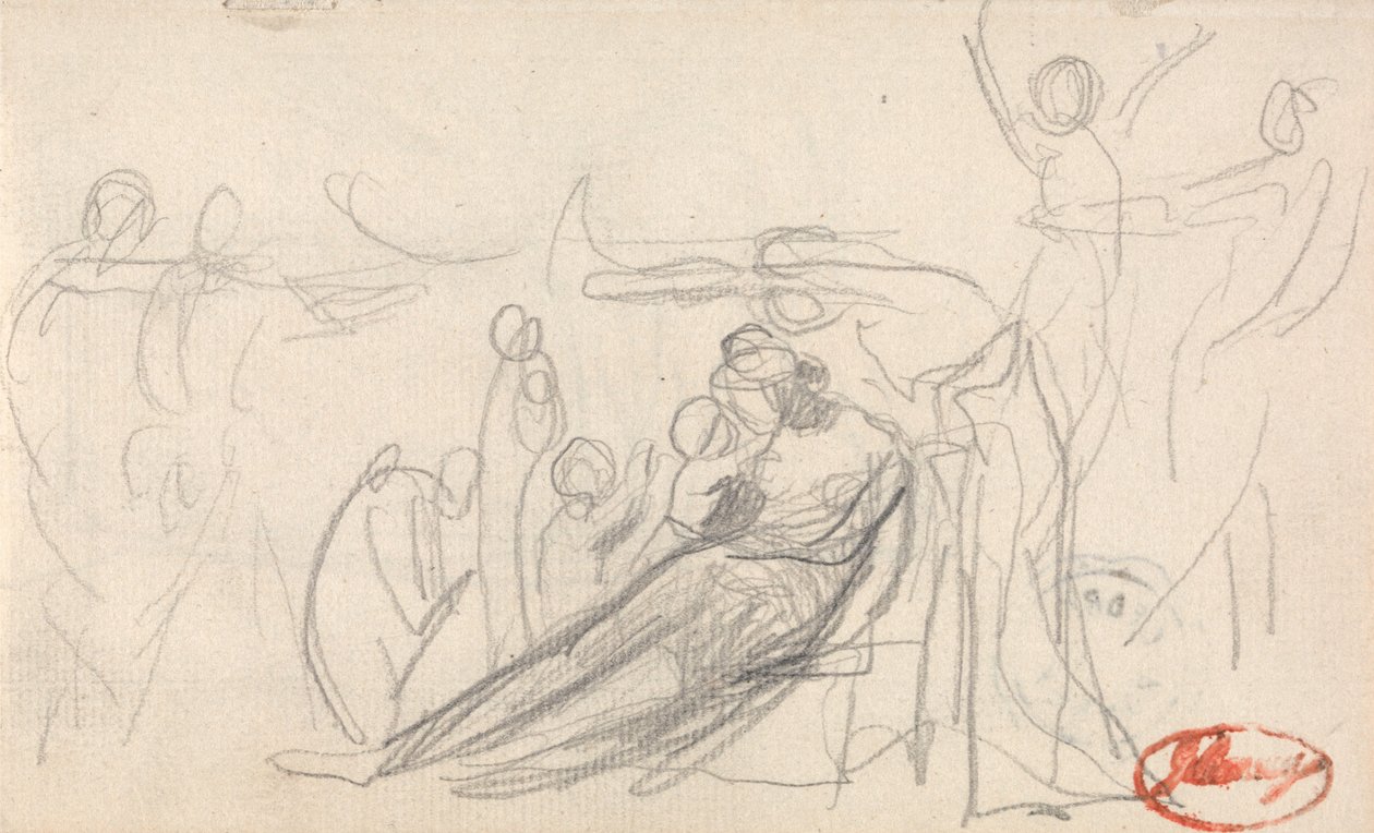 Fekvő alak gyermekekkel és egyéb alakokkal alkotó: George Romney