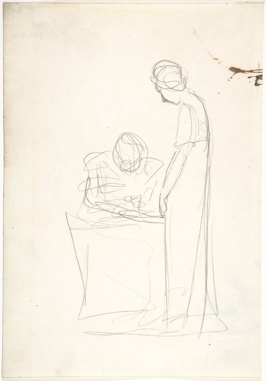 Két alak tanulmánya: az egyik ül, a másik áll (recto). Felfelé tekintő fej tanulmánya (verso) alkotó: George Romney