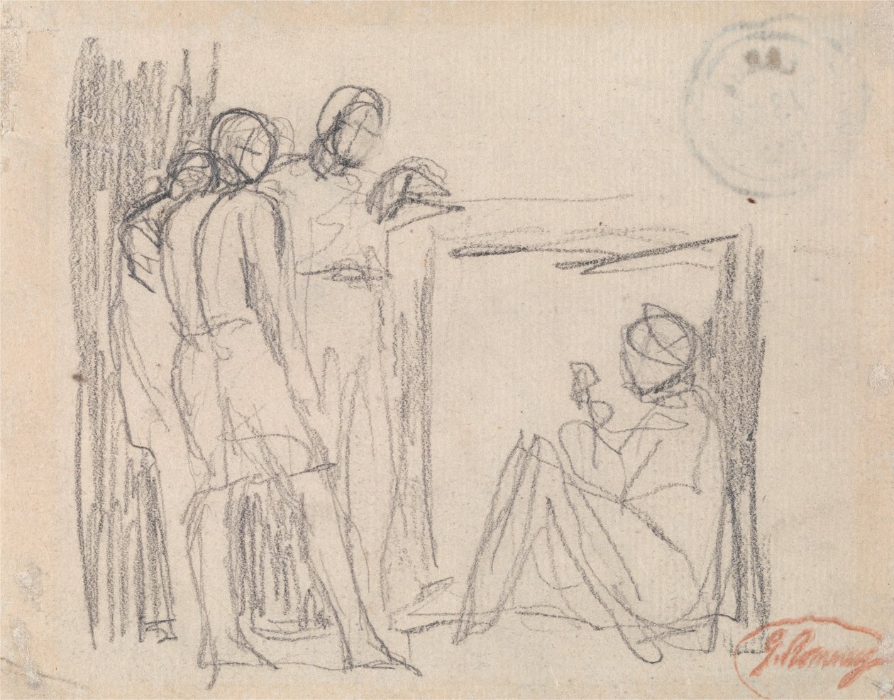 Három álló alak egy ülő alak előtt alkotó: George Romney