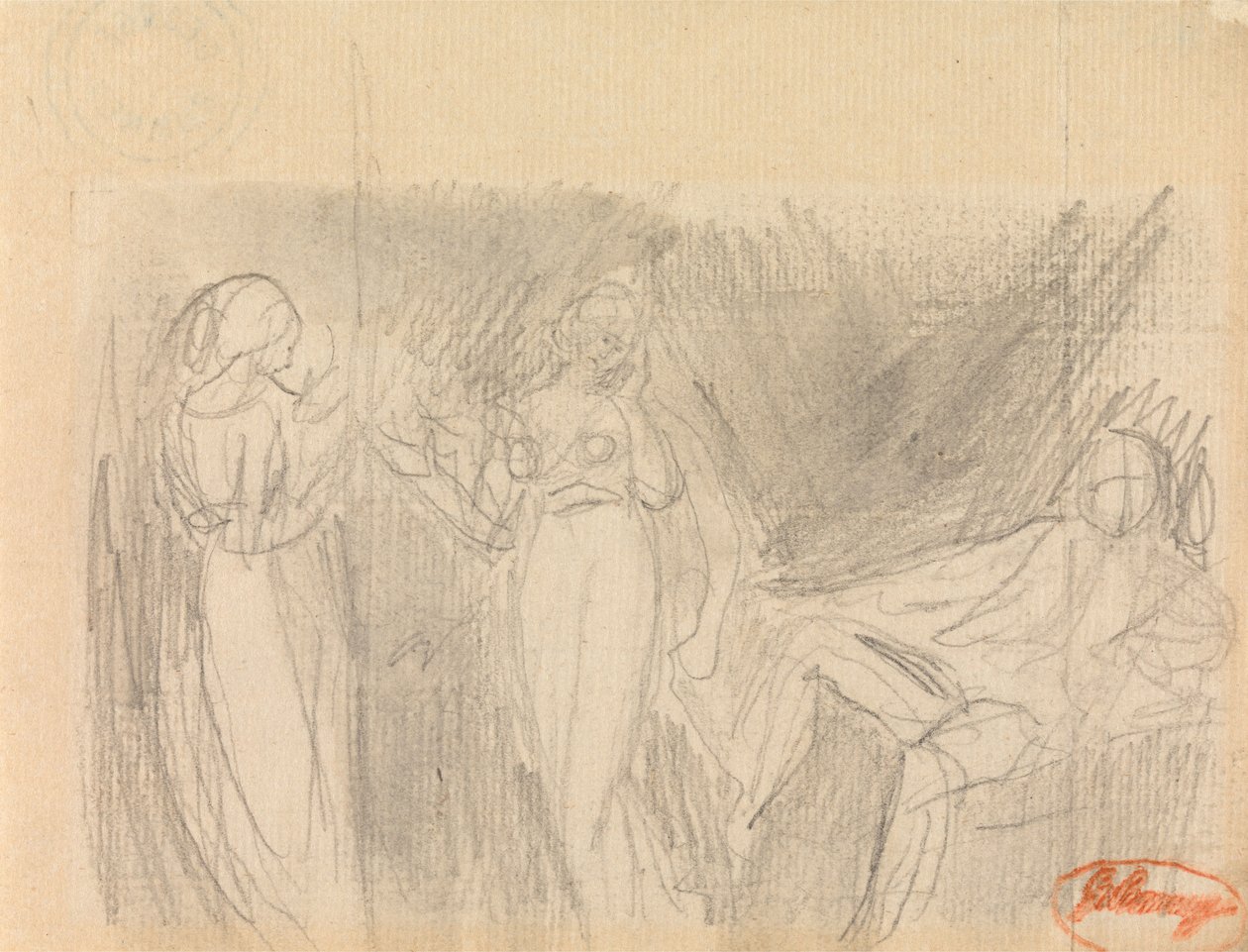 Két nő és egy ülő férfi alkotó: George Romney