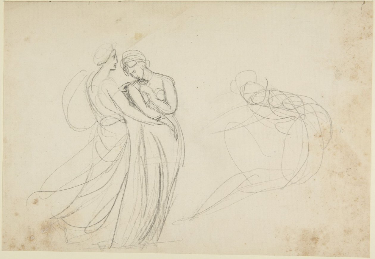 Két női alak egy ülő alak előtt, vázlat a „Két leány, akik jósnőt kérdeznek” című műhöz alkotó: George Romney