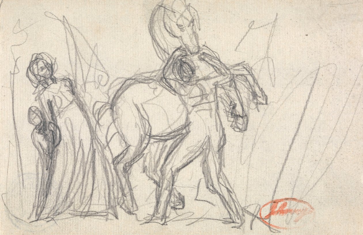 Azonosítatlan alany: Nő, gyermek, férfi és ló alkotó: George Romney
