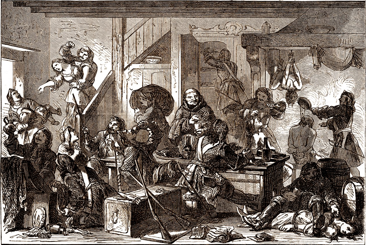 Dragonnades: üldöztetések a Francia Királyság protestáns közösségei ellen az 1680-as években. 19. század (metszet) alkotó: George Roux