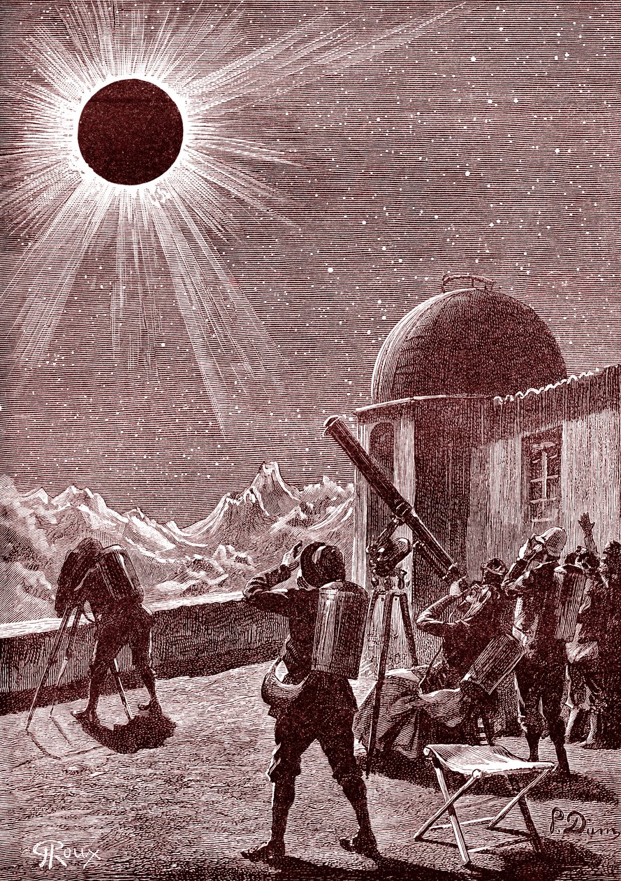 Az afrikai sivatag felfedezői a napfogyatkozást nézik. 1888 (metszet) alkotó: George Roux