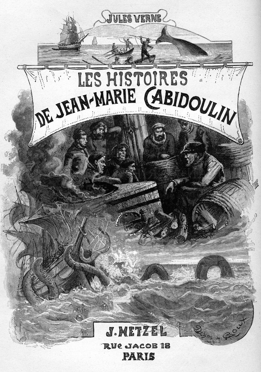 Jules Verne "Les histoires de Jean-Marie Cabidoulin" (1901) című regényének címlapja, Hetzel Collection/Extraordiaires, George Roux illusztrációja. "Tengeri jelenetek felidézése: egy bálna szigonyozása, egy hajó megtámadása egy tengeri kígyó által" alkotó: George Roux