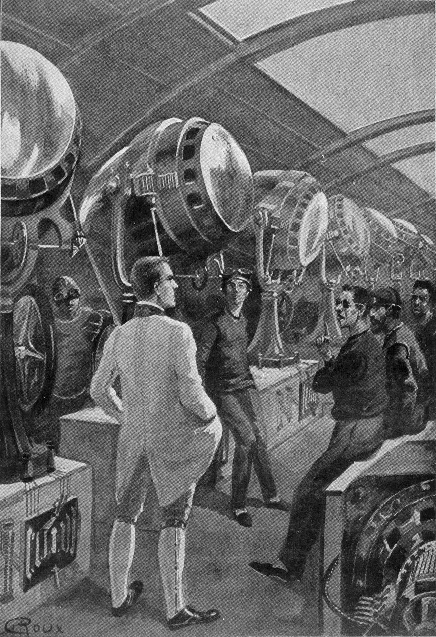 Szerelők a gépeik előtt, Roux rajza Jules Verne „Egy amerikai újságíró napja 2889-ben” című művéből alkotó: George Roux
